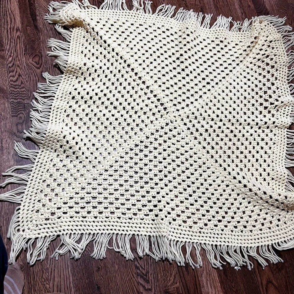 Handmade Baby Afghan Knit Crochet 32x 32 yellow with Fringe Blanket Throw